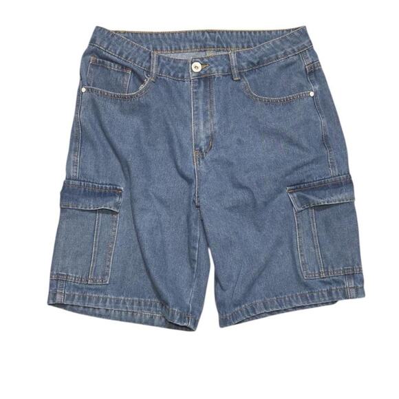 Manfinity Denim Cargo Shorts - Medium-Wash Y2K Utility Pockets - Picture 1 of 5
